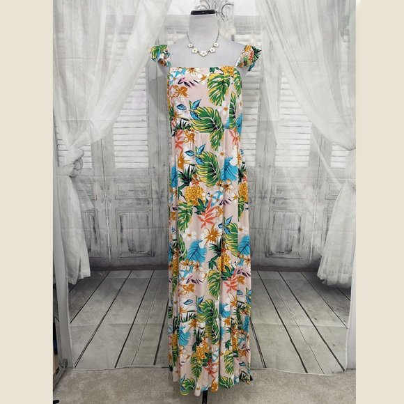 Skies are Blue Size Large Pink Green Floral Elliot Botanical Maxi Dress Hawaiian - Picture 4 of 14